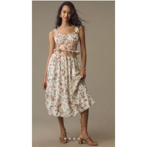 Anthropologie Sleeveless Smocked-Waist Ruffled Midi Dress Neutral Floral